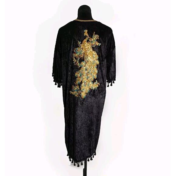 Yapyap Black Velvet Tasseled Open Front Kimono With Oversized Sequin Peacock - Picture 1 of 7